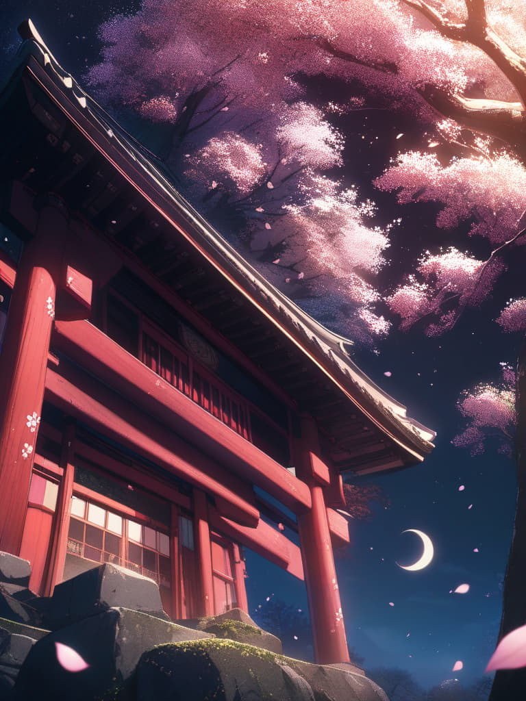  Scenery, Senbon Torii, cherry blossom petals, crescent moon, night, masterpiece, best quality,8k,ultra detailed,high resolution,an extremely delicate and beautiful,hyper detail