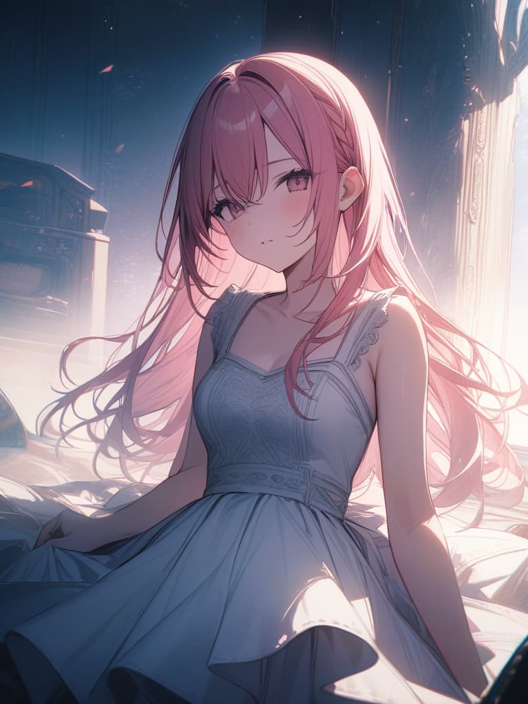  Pink hair, green, long hair, white dress, masterpiece, best quality,8k,ultra detailed,high resolution,an extremely delicate and beautiful,hyper detail