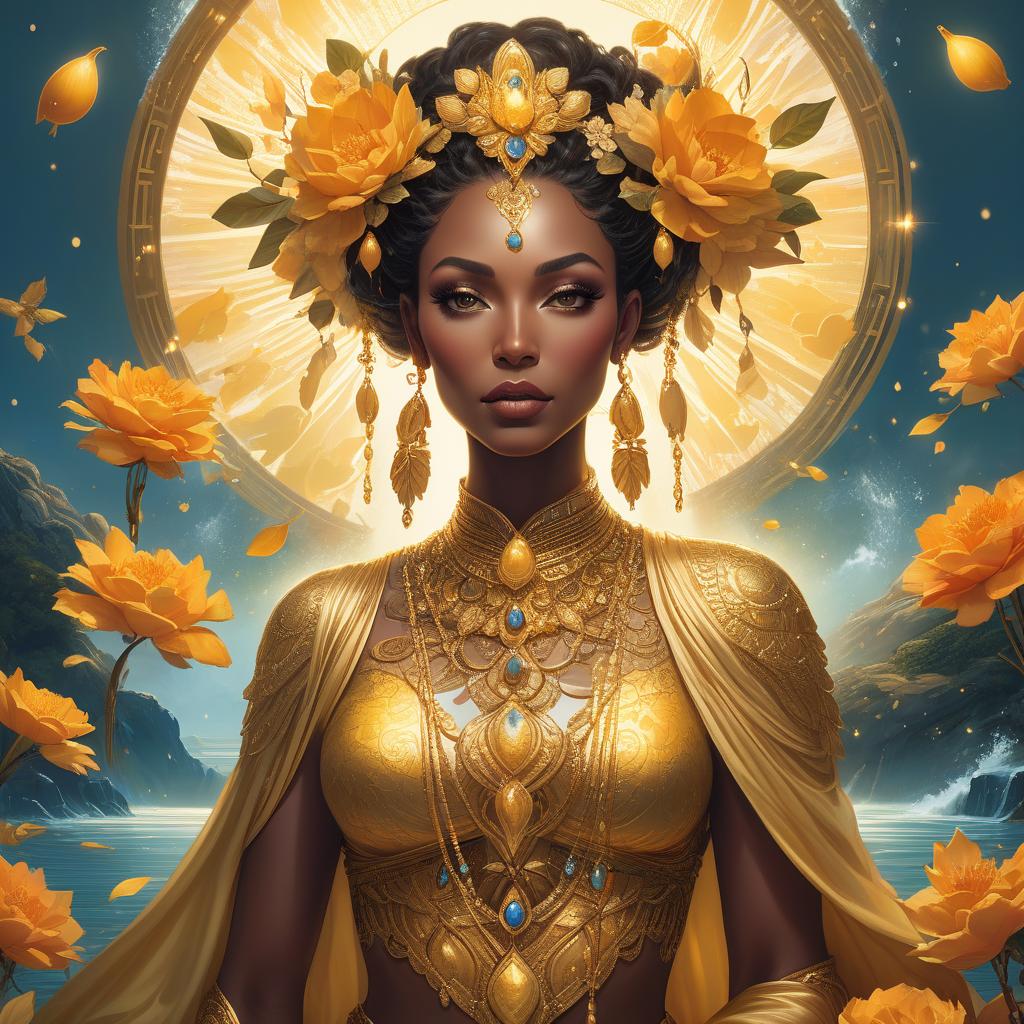  A fantasy portrait of a woman adorned with golden floral ornaments, surrounded by a mystical, luminous landscape with water elements. An insanely hyperdetailed whimsical fantasical painting of the Goddess Oshun, the Yoruba goddess of love, fertility, and rivers. She is typically depicted as a beautiful woman adorned with gold and surrounded by flowing water. Genres: Fantasy, Mythology. Styles: Whimsical, Surreal. Techniques: Hyperrealism, Digital Painting. Lights: Warm and Radiant. Colors: Golden yellows, bright oranges, warm browns, and deep blues. Descriptive terms: Lush, Opulent, Serene, Mystical, and Nurturing. This masterpiece digital artwork would be best painted by artists such as Tara McPherson, Audrey Kawasaki, Nicoletta Ceccoli, M hyperrealistic, full body, detailed clothing, highly detailed, cinematic lighting, stunningly beautiful, intricate, sharp focus, f/1. 8, 85mm, (centered image composition), (professionally color graded), ((bright soft diffused light)), volumetric fog, trending on instagram, trending on tumblr, HDR 4K, 8K