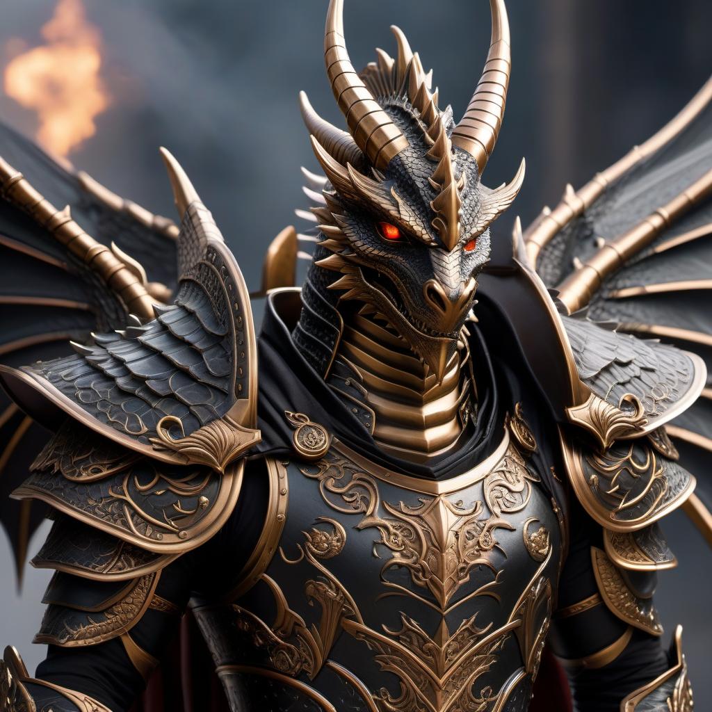  Bronze dragonoid in black palladin armor, 3/4 portrait, in the style of fantasy mythology. hyperrealistic, full body, detailed clothing, highly detailed, cinematic lighting, stunningly beautiful, intricate, sharp focus, f/1. 8, 85mm, (centered image composition), (professionally color graded), ((bright soft diffused light)), volumetric fog, trending on instagram, trending on tumblr, HDR 4K, 8K