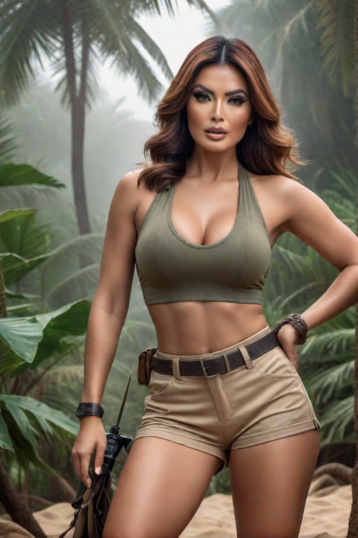  Show a scared and screaming 1930’s era Asian female jungle explorer ,Ann Margret,wearing khaki shorts and khaki shirt with khaki knee socks,standing waist high in sand hyperrealistic, full body, detailed clothing, highly detailed, cinematic lighting, stunningly beautiful, intricate, sharp focus, f/1. 8, 85mm, (centered image composition), (professionally color graded), ((bright soft diffused light)), volumetric fog, trending on instagram, trending on tumblr, HDR 4K, 8K