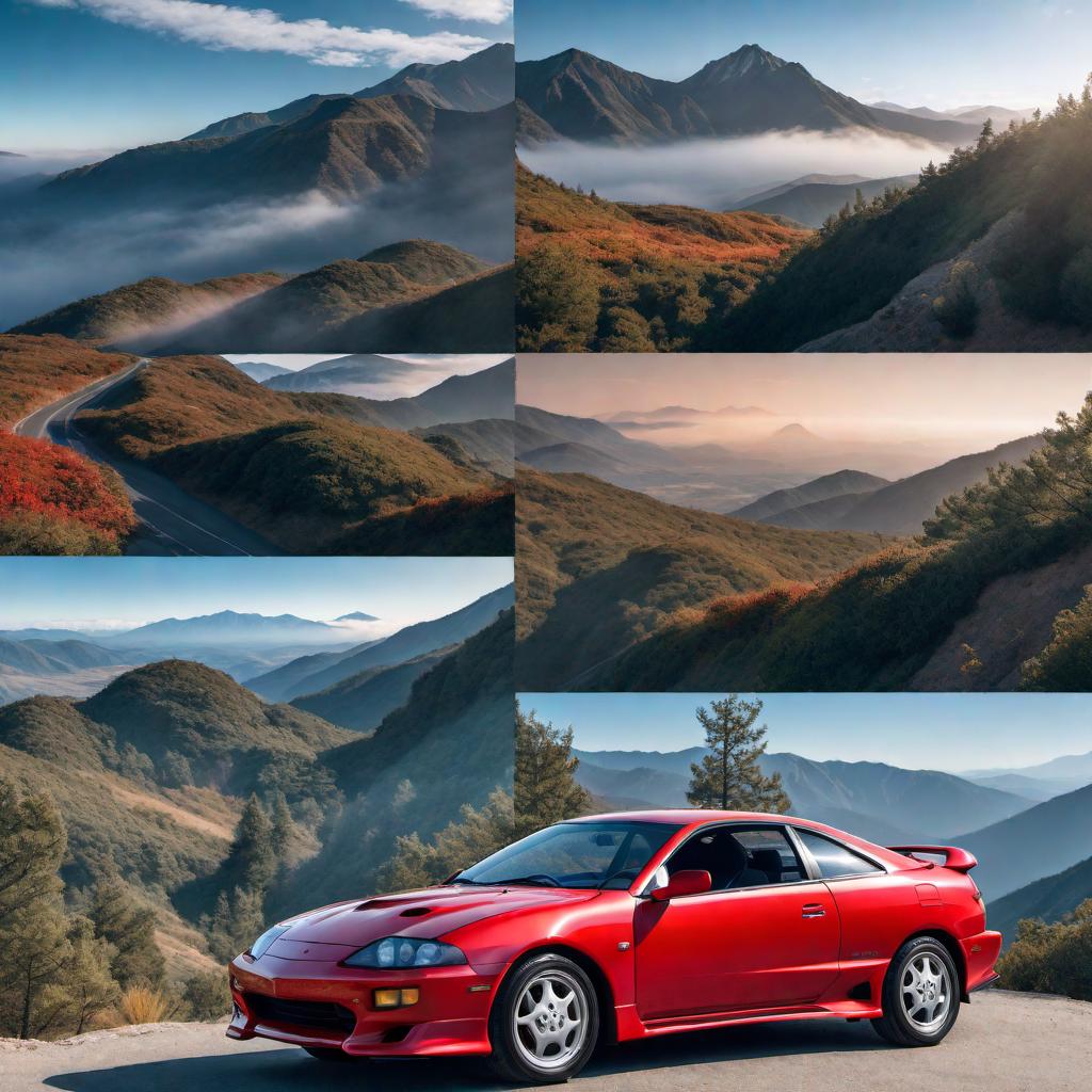  1992 Red Toyota Celica GT-Four, parked in a scenic location with a mountainous background, under a clear blue sky hyperrealistic, full body, detailed clothing, highly detailed, cinematic lighting, stunningly beautiful, intricate, sharp focus, f/1. 8, 85mm, (centered image composition), (professionally color graded), ((bright soft diffused light)), volumetric fog, trending on instagram, trending on tumblr, HDR 4K, 8K