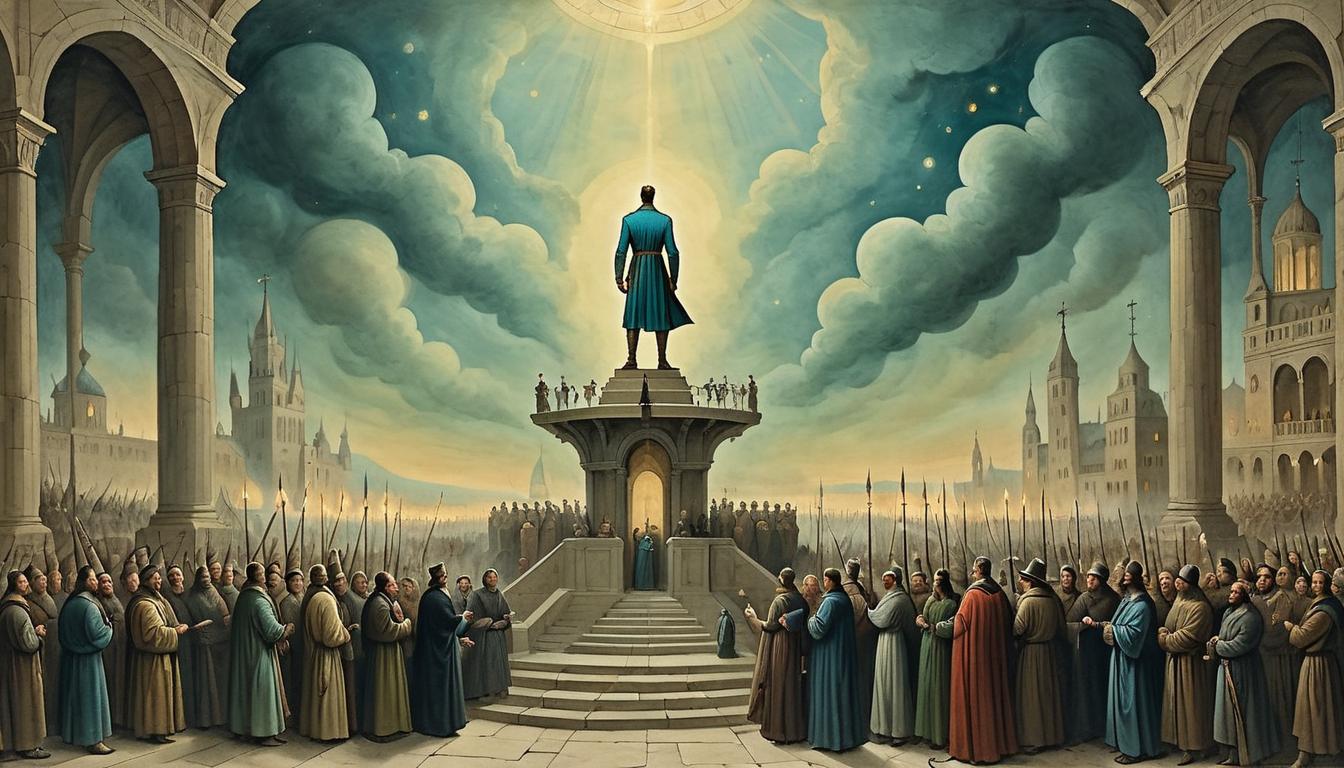  on parchment, surrealism+++, Figure standing on a platform elevated above a crowd, an aura of light surrounding them, glow of admiration from onlookers, exalted, respectful(mysterious, provocative, symbolic,muted color)+++