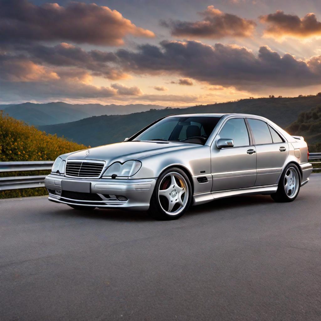  1997 Mercedes AMG C36 in silver color, parked on a road. The distinctive AMG sporty design elements should include a slightly aggressive front grille, alloy wheels, and classic 90's sedan body lines. The background should be simple and unobtrusive to keep the focus on the car. hyperrealistic, full body, detailed clothing, highly detailed, cinematic lighting, stunningly beautiful, intricate, sharp focus, f/1. 8, 85mm, (centered image composition), (professionally color graded), ((bright soft diffused light)), volumetric fog, trending on instagram, trending on tumblr, HDR 4K, 8K