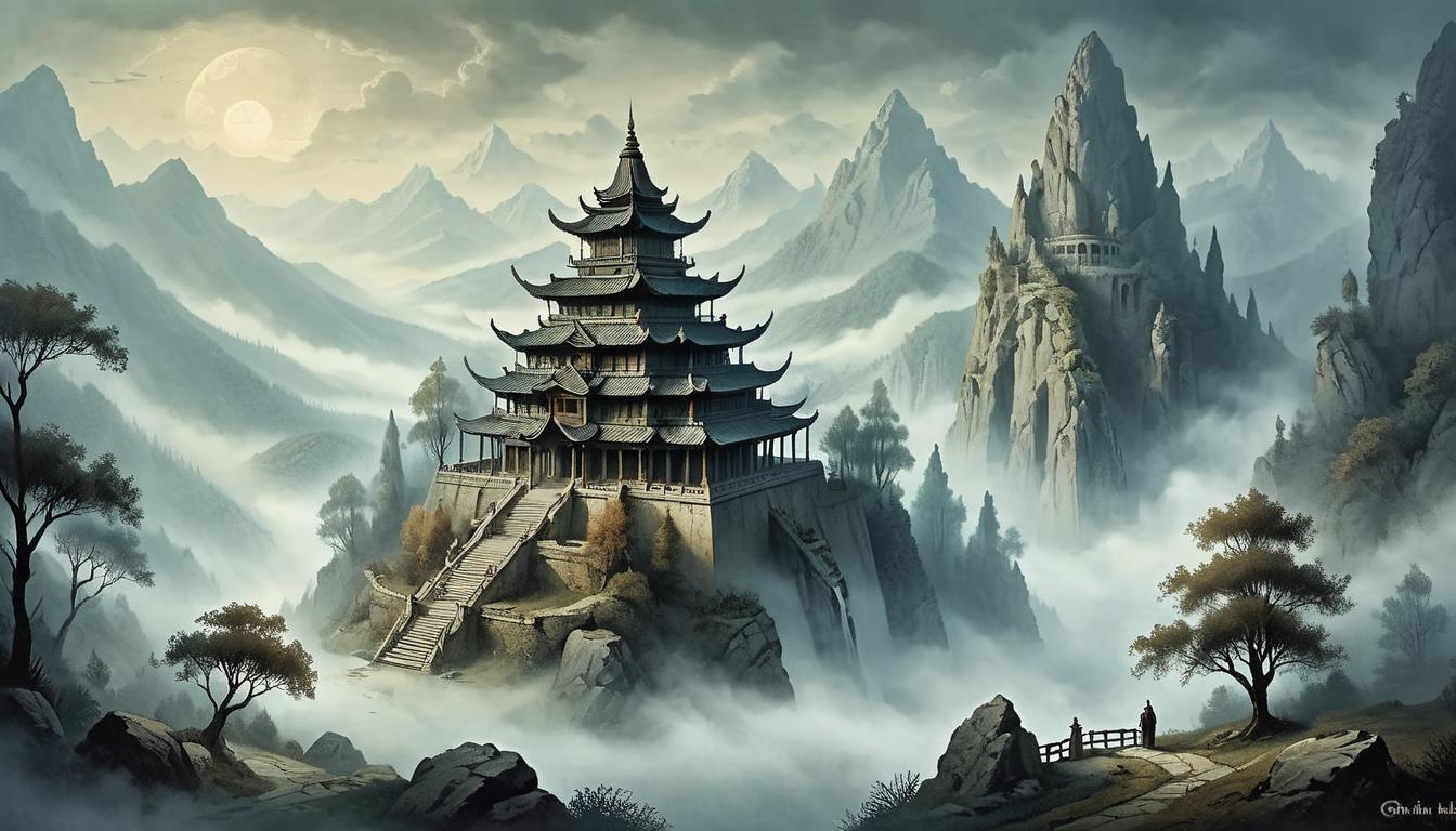  on parchment, surrealism+++, Ancient temple nestled in mountains, shrouded by mist, no signs of modern life, peaceful isolation, distant society(mysterious, provocative, symbolic,muted color)+++