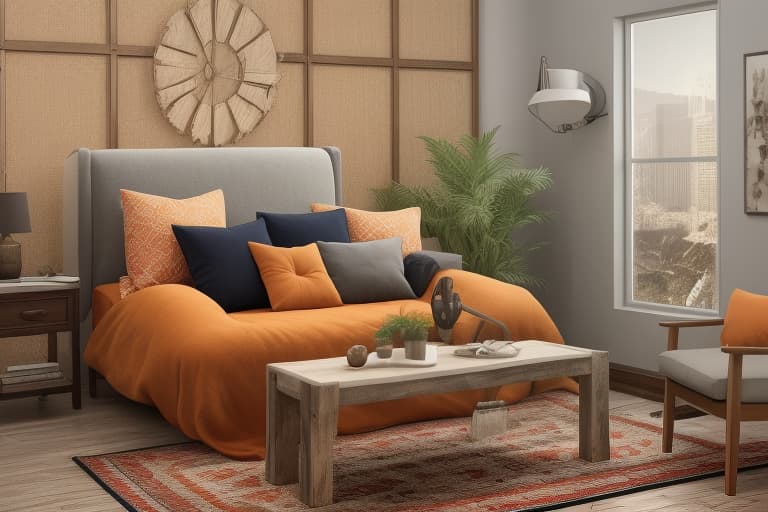  Living Room, Cozy, comfortable, family time, relaxation, entertainment, decor, furniture, lighting The image showcases a cozy and inviting living room theme, characterized by a modern yet rustic aesthetic. Modern rustic living room with a navy blue sofa, orange and gray pillows, wooden coffee table, oriental rug, and a floor lamp. modern, rustic, living room, navy blue sofa, orange pillows, gray pillows, wooden coffee table, oriental rug, floor lamp