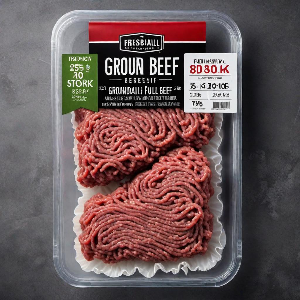  A package of grass fed ground beef, clearly labeled, showing the fresh meat inside hyperrealistic, full body, detailed clothing, highly detailed, cinematic lighting, stunningly beautiful, intricate, sharp focus, f/1. 8, 85mm, (centered image composition), (professionally color graded), ((bright soft diffused light)), volumetric fog, trending on instagram, trending on tumblr, HDR 4K, 8K