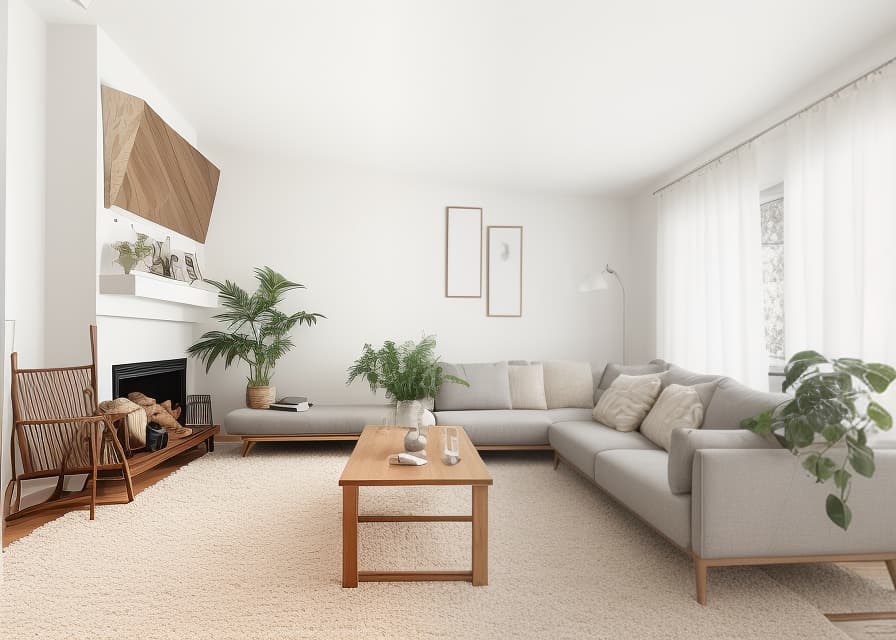  Living Room, Cozy, comfortable, family time, relaxation, entertainment, decor, furniture, lighting The room depicted in the image exhibits a minimalist and contemporary living room theme, emphasizing clean lines and neutral tones. Contemporary minimalist living room with a white sectional sofa, wooden accent chairs, geometric rug, and large leaf artwork. minimalist, contemporary, living room, white sectional sofa, wooden accent chairs, geometric rug, large leaf artwork earhty colors