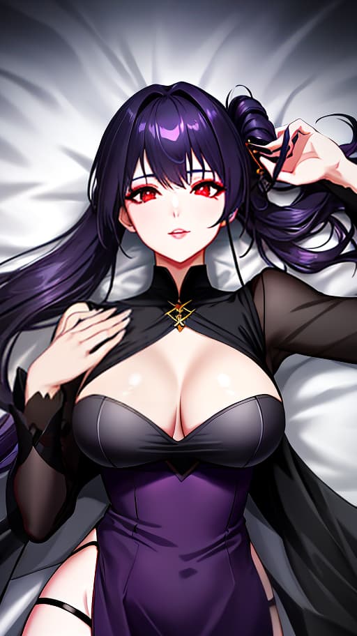  A young with 4K resolution, with youthful facial features, a hairstyle with two ponytails at the back, red eyes. Slim body with natural proportions. Dark purple dress. Black coat, light black eyeliner around the eyes, dark purple shadows, light dark purple lip gloss. Lying on a white mat in a horizontal position, only the and the mat visible, bird's eye view, neat and properly proportioned fingers, dark purple makeup, five fingers on each hand, dakimakura., Anime style photo, Manga style, Digital art, glow effects, Hand drawn, render, 8k, octane render, cinema 4d, blender, dark, atmospheric 4k ultra detailed, cinematic sensual, Sharp focus, humorous ilration, hyperrealistic, big depth of field, Masterpiece, colors, 3d octane r hyperrealistic, full body, detailed clothing, highly detailed, cinematic lighting, stunningly beautiful, intricate, sharp focus, f/1. 8, 85mm, (centered image composition), (professionally color graded), ((bright soft diffused light)), volumetric fog, trending on instagram, trending on tumblr, HDR 4K, 8K