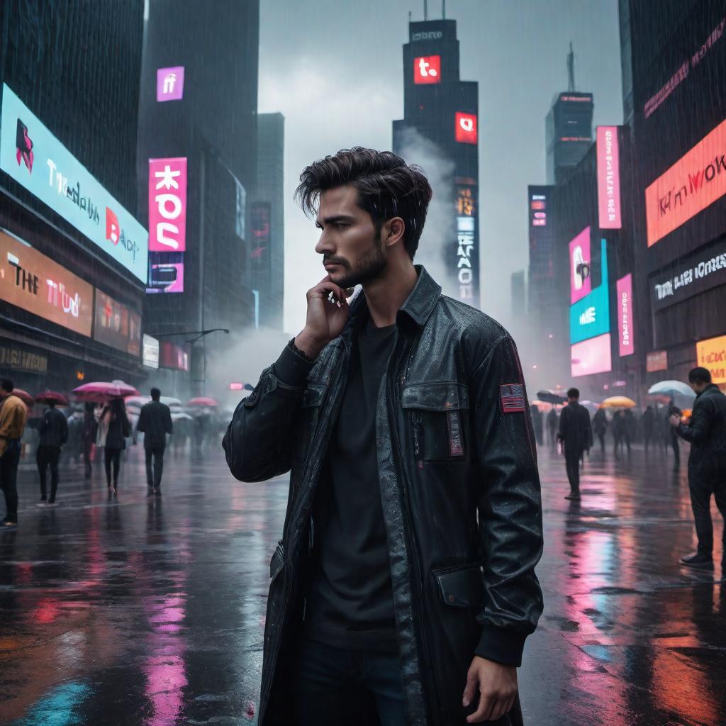  A futuristic scene depicting the demise of TikTok. The setting is a digital cityscape with social media billboards and neon lights. TikTok logos are shown breaking apart or being overtaken by other emerging platform logos. The atmosphere is somber with rain pouring and dark clouds overhead, symbolizing the end of an era. People or digital avatars are seen looking up, some with mixed expressions of sadness and curiosity. The overall color scheme includes dark tones with bright highlights to emphasize the transition. hyperrealistic, full body, detailed clothing, highly detailed, cinematic lighting, stunningly beautiful, intricate, sharp focus, f/1. 8, 85mm, (centered image composition), (professionally color graded), ((bright soft diffused light)), volumetric fog, trending on instagram, trending on tumblr, HDR 4K, 8K