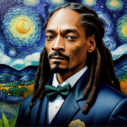 Snoop Dogg also known as Calvin Cordozar Broadus Jr as seen in the year 2022 with Martha Stewart, [van gogh | Snoop Dogg] of van gogh himself as seen in early 2000s, black dreadlocks, epic clothes, painting of Starry Night and Marijuana leaf, realistically detailed face, realistically detailed eyes, realistically detailed dreadlocks, artistically drawn background, masterpiece, high rez, unreal engine, ultra detailed, high quality, artistically drawn painting of Van Gogh's Starry Night, Marijuana theme, stoner, get high, weed smoke, Marijuana consuming, , intricate details, photorealistic,hyperrealistic, high quality, highly detailed, cinematic lighting, intricate, sharp focus, f/1. 8, 85mm, (centered image composition), (professionally col
