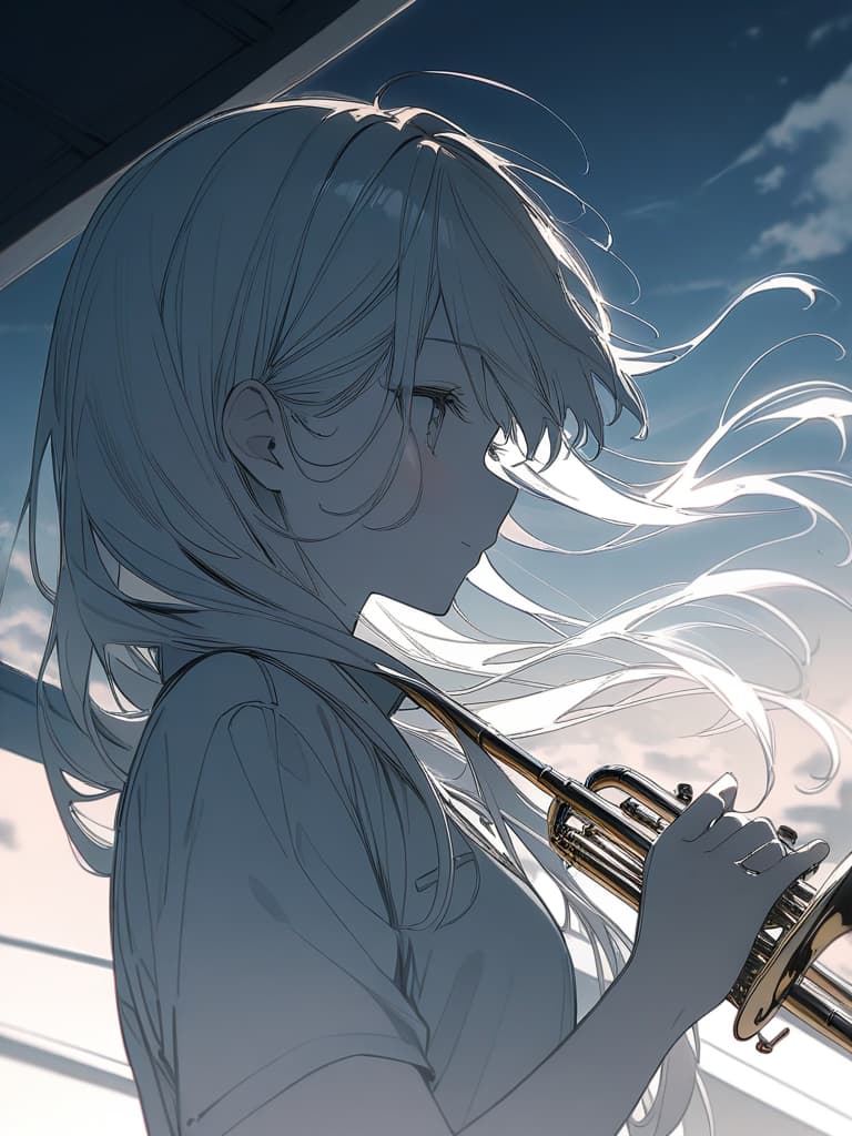  Monochrome, long hair, girl, cute, profile, wind, uniform, school rooftop, sky background, trumpet, masterpiece, best quality,8k,ultra detailed,high resolution,an extremely delicate and beautiful,hyper detail