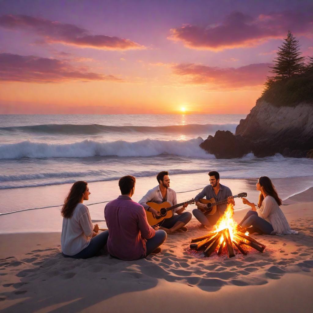  A twilight beach scene with the setting sun casting a mix of pink, orange, and purple hues in the sky. A group of friends is gathered around a small bonfire, the flames casting a warm, golden light on their smiling faces. One friend is playing a guitar, while others sing along joyfully. Fireflies can be seen twinkling around the beach, adding a touch of magic. The waves gently lap at the shore, completing the serene and magical atmosphere. hyperrealistic, full body, detailed clothing, highly detailed, cinematic lighting, stunningly beautiful, intricate, sharp focus, f/1. 8, 85mm, (centered image composition), (professionally color graded), ((bright soft diffused light)), volumetric fog, trending on instagram, trending on tumblr, HDR 4K, 8K