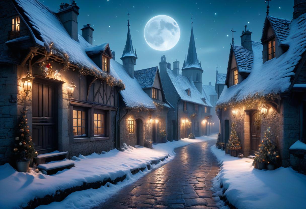  ethereal fantasy concept art of No people. A small village in France is covered in snow. In the style of Jean Baptiste Monge, old Gothic stone rickety buildings. Christmas Eve. Night, moon, a bright Christmas star is burning in the sky. Christmas decorations hang on the doors of buildings and lights shine in the windows. Fairy tale, magic, fantasy. Very beautiful Details. Lots of embellishments and small details, detailed look. soft colors, HDR, 4K . magnificent, celestial, ethereal, painterly, epic, majestic, magical, fantasy art, cover art, dreamy, GLOWNEON, oil painting hyperrealistic, full body, detailed clothing, highly detailed, cinematic lighting, stunningly beautiful, intricate, sharp focus, f/1. 8, 85mm, (centered image composition), (professionally color graded), ((bright soft diffused light)), volumetric fog, trending on instagram, trending on tumblr, HDR 4K, 8K