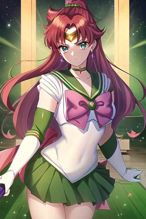  green skin. purple eyes. red hair. long pointed ears. leather armor. holding a sword,(sailor jupiter:1.3), (masterpiece), (highest quality), (intricate), (high detail),women, masterpiece, best quality, high quality, solo