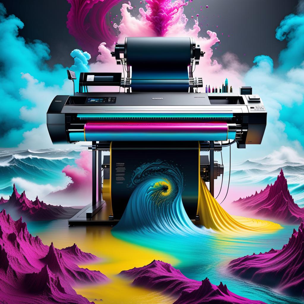  surrealist art (masterpiece, top notch 8k) realistic photography, the printer stands in the middle, a big printing machine, digital printing, stands in the middle of a sea of colors, cyan magenta yellow black, at the top is a mysterious whirlpool inside of which the entire printing universe, in the whirlpool fly pencils, pencil stubs, ink bottles without people) . dreamlike, mysterious, provocative, symbolic, intricate, detailed hyperrealistic, full body, detailed clothing, highly detailed, cinematic lighting, stunningly beautiful, intricate, sharp focus, f/1. 8, 85mm, (centered image composition), (professionally color graded), ((bright soft diffused light)), volumetric fog, trending on instagram, trending on tumblr, HDR 4K, 8K