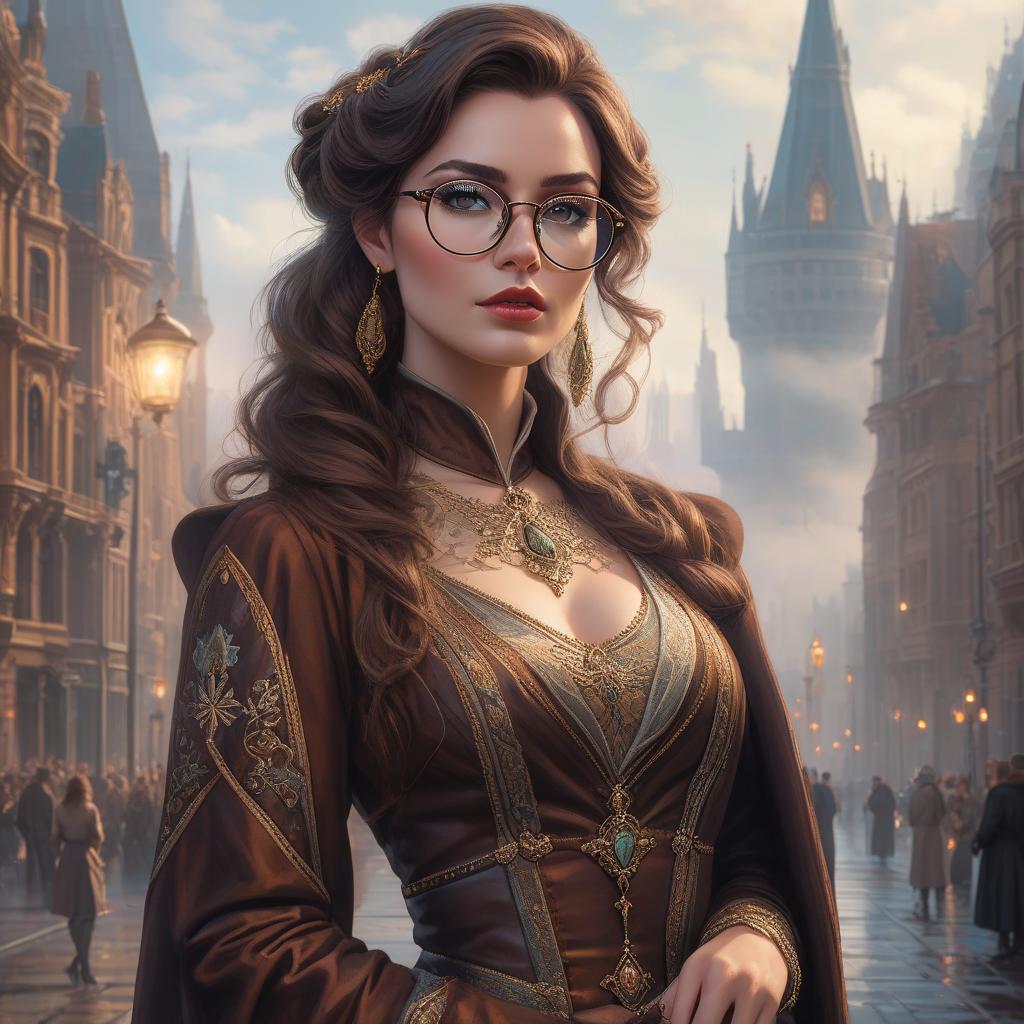  woman with glasses standing in front of a city, inspired by Magali Villeneuve, fantasy art, girl with brown hair, tom bagshaw donato giancola, konstantin razumov, harry potter portrait, style of peter mohrbacher, with black eyeglasses, magali villeneuve and monet, ornate hair, bussiere rutkowski andreas rocha Started from image: hyperrealistic, full body, detailed clothing, highly detailed, cinematic lighting, stunningly beautiful, intricate, sharp focus, f/1. 8, 85mm, (centered image composition), (professionally color graded), ((bright soft diffused light)), volumetric fog, trending on instagram, trending on tumblr, HDR 4K, 8K