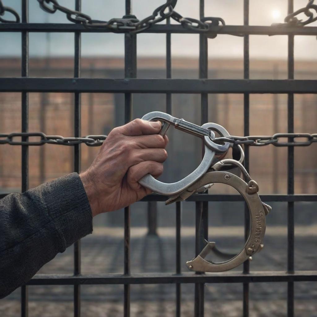  Handcuffs hanging on a jail grille hyperrealistic, full body, detailed clothing, highly detailed, cinematic lighting, stunningly beautiful, intricate, sharp focus, f/1. 8, 85mm, (centered image composition), (professionally color graded), ((bright soft diffused light)), volumetric fog, trending on instagram, trending on tumblr, HDR 4K, 8K