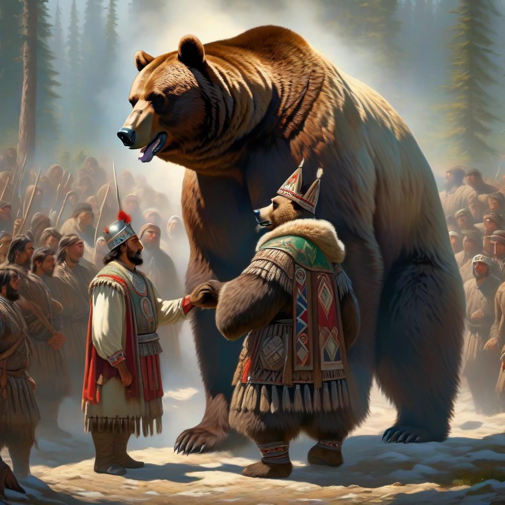  In the image, there is one man and one bear. They are the same height. The bear and the young man are standing on their feet and looking at each other in the face. The bear is standing on the left. The man with Slavic features is wearing clothes of northern tribes. The man is standing on the right and looking at the bear. The bear is dancing. hyperrealistic, full body, detailed clothing, highly detailed, cinematic lighting, stunningly beautiful, intricate, sharp focus, f/1. 8, 85mm, (centered image composition), (professionally color graded), ((bright soft diffused light)), volumetric fog, trending on instagram, trending on tumblr, HDR 4K, 8K