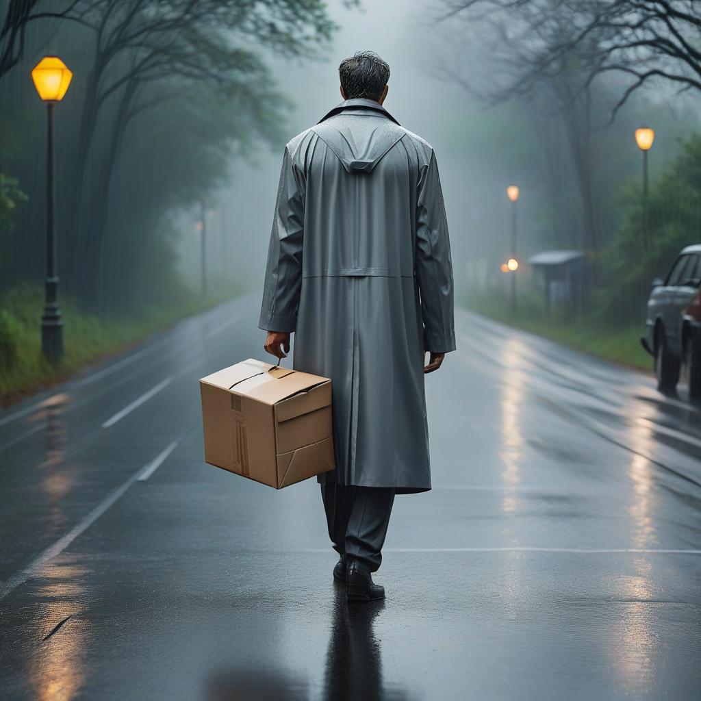  a sad man in a gray raincoat walks along the road in the rain and carries a box in his hands. hyperrealistic, full body, detailed clothing, highly detailed, cinematic lighting, stunningly beautiful, intricate, sharp focus, f/1. 8, 85mm, (centered image composition), (professionally color graded), ((bright soft diffused light)), volumetric fog, trending on instagram, trending on tumblr, HDR 4K, 8K