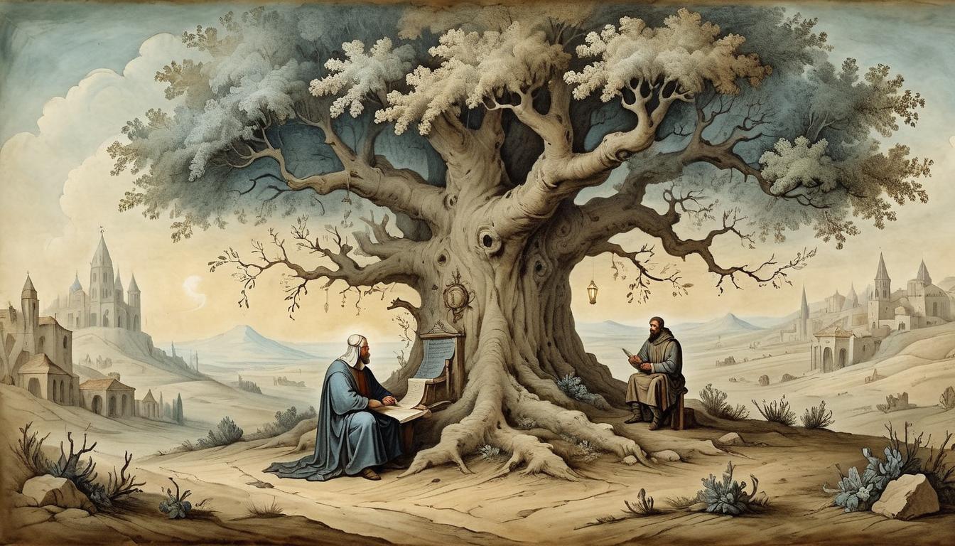  on parchment, surrealism+++, Depiction of Job under a tree, emanating faith and patience, weathered landscape, enduring faith(mysterious, provocative, symbolic,muted color)+++