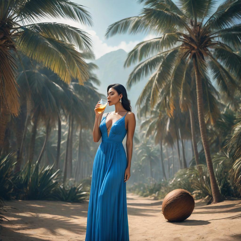  a woman stands tall in a blue dress, leans against a palm tree and drinks from a coconut hyperrealistic, full body, detailed clothing, highly detailed, cinematic lighting, stunningly beautiful, intricate, sharp focus, f/1. 8, 85mm, (centered image composition), (professionally color graded), ((bright soft diffused light)), volumetric fog, trending on instagram, trending on tumblr, HDR 4K, 8K