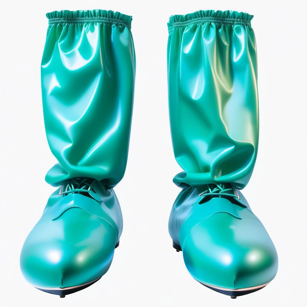  On legs worn, trousers filled, slim without pleats, high surgical shorts like boots, with elastic upper cuffs, made of glossy latex, lower part (from sole to ankle:1.2), (dark green:1.3), upper part (from ankle to knee:1.2), (dark blue:1.3). hyperrealistic, full body, detailed clothing, highly detailed, cinematic lighting, stunningly beautiful, intricate, sharp focus, f/1. 8, 85mm, (centered image composition), (professionally color graded), ((bright soft diffused light)), volumetric fog, trending on instagram, trending on tumblr, HDR 4K, 8K