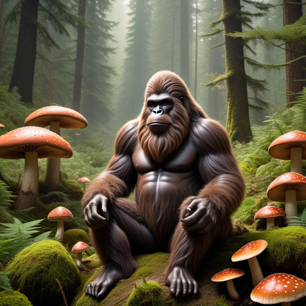  Bigfoot sitting on top of a large mushroom, smoking weed. The scene should be in a forest with a mystical, slightly hazy atmosphere. Bigfoot should look relaxed and content, enjoying the moment. The mushroom should be large enough for Bigfoot to comfortably sit on, and the forest background should have a magical, enchanted feel to it. hyperrealistic, full body, detailed clothing, highly detailed, cinematic lighting, stunningly beautiful, intricate, sharp focus, f/1. 8, 85mm, (centered image composition), (professionally color graded), ((bright soft diffused light)), volumetric fog, trending on instagram, trending on tumblr, HDR 4K, 8K