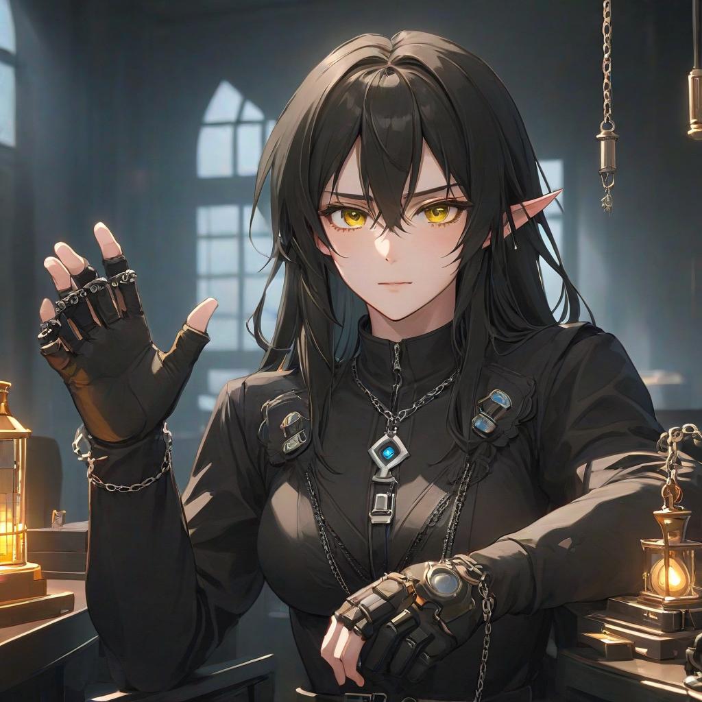  (masterpiece, 2D, anime style), guy, black hair, long hair, amber eyes, deep set eyes, pale skin, geometric shapes on hands, dark colored clothing, neon elements,gloves, chains, silver chains, light from behind the object, Computer code in the background, high quality, HD, visual novel style, art in the form of a screenshot of a visual novel,, PERFECTEYES, Perfect Hands hyperrealistic, full body, detailed clothing, highly detailed, cinematic lighting, stunningly beautiful, intricate, sharp focus, f/1. 8, 85mm, (centered image composition), (professionally color graded), ((bright soft diffused light)), volumetric fog, trending on instagram, trending on tumblr, HDR 4K, 8K