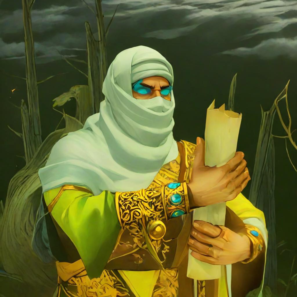  role playing game (RPG) style fantasy East old mage in turban with big scroll in his hands, concept art, art, marvel comics . detailed, vibrant, immersive, reminiscent of high fantasy RPG games, on parchment hyperrealistic, full body, detailed clothing, highly detailed, cinematic lighting, stunningly beautiful, intricate, sharp focus, f/1. 8, 85mm, (centered image composition), (professionally color graded), ((bright soft diffused light)), volumetric fog, trending on instagram, trending on tumblr, HDR 4K, 8K