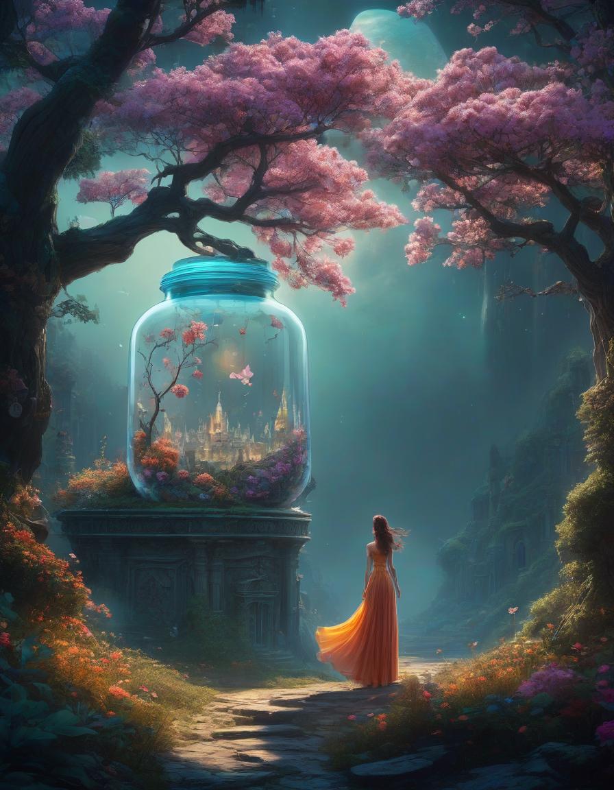  (digital art, masterpiece, difficulty: 1.3), under a tree, locked in a jar, beautiful magical flower inspired by the style of Cyril Rolando (influenced by Beeple and Jeremiah Ketner: 1,2), (inspired by Josan Gonzalez and Dan Mumford): 1.1), surreal and whimsical concept, detailed and elaborate design of the jar, bright and fabulous colors, fantastic setting, high definition rendering, fascinating combination of styles, intricate patterns and textures, unearthly glow, magical atmosphere, fairy tale, fantasy hyperrealistic, full body, detailed clothing, highly detailed, cinematic lighting, stunningly beautiful, intricate, sharp focus, f/1. 8, 85mm, (centered image composition), (professionally color graded), ((bright soft diffused light)), volumetric fog, trending on instagram, trending on tumblr, HDR 4K, 8K