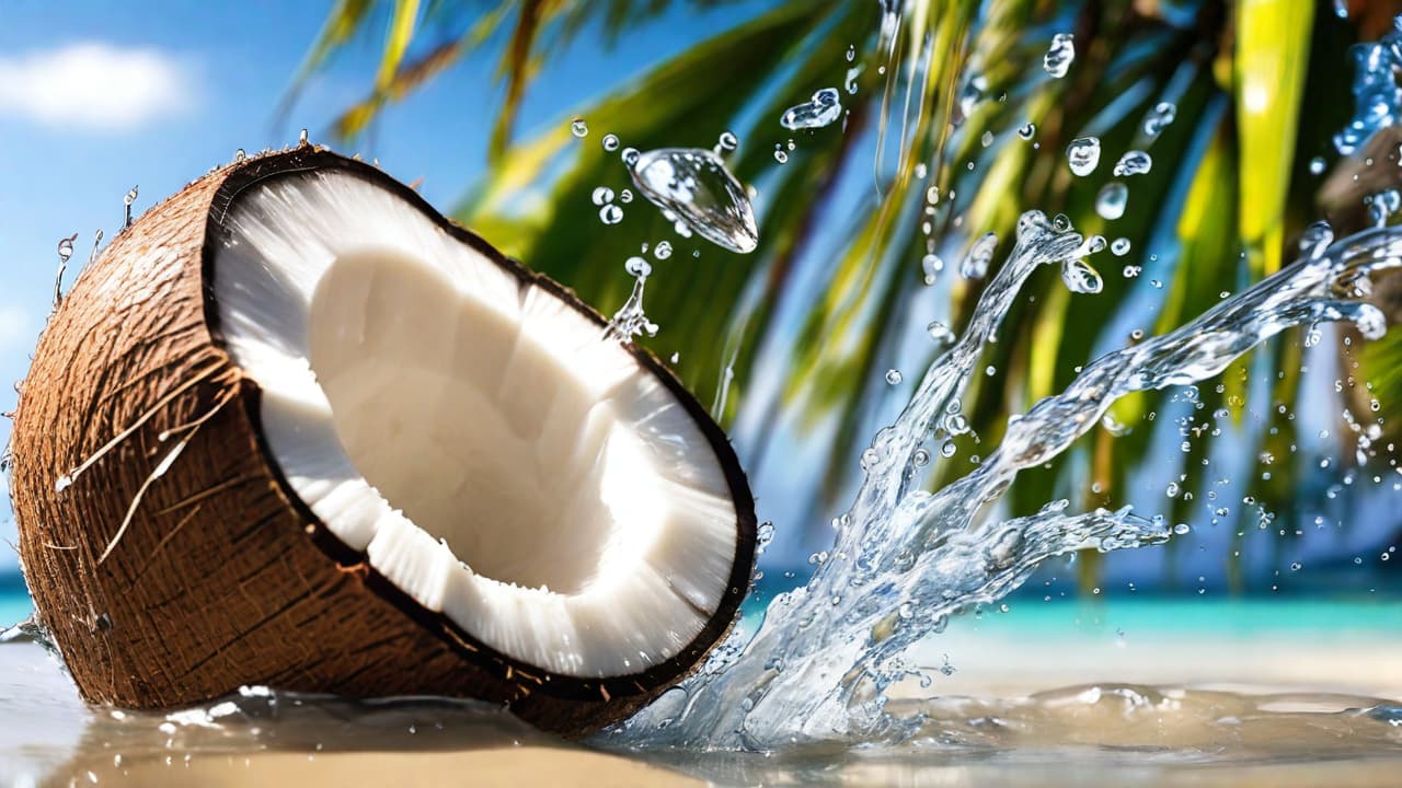  best quality, HD, delicious coconut splashing water, blurry tropical background