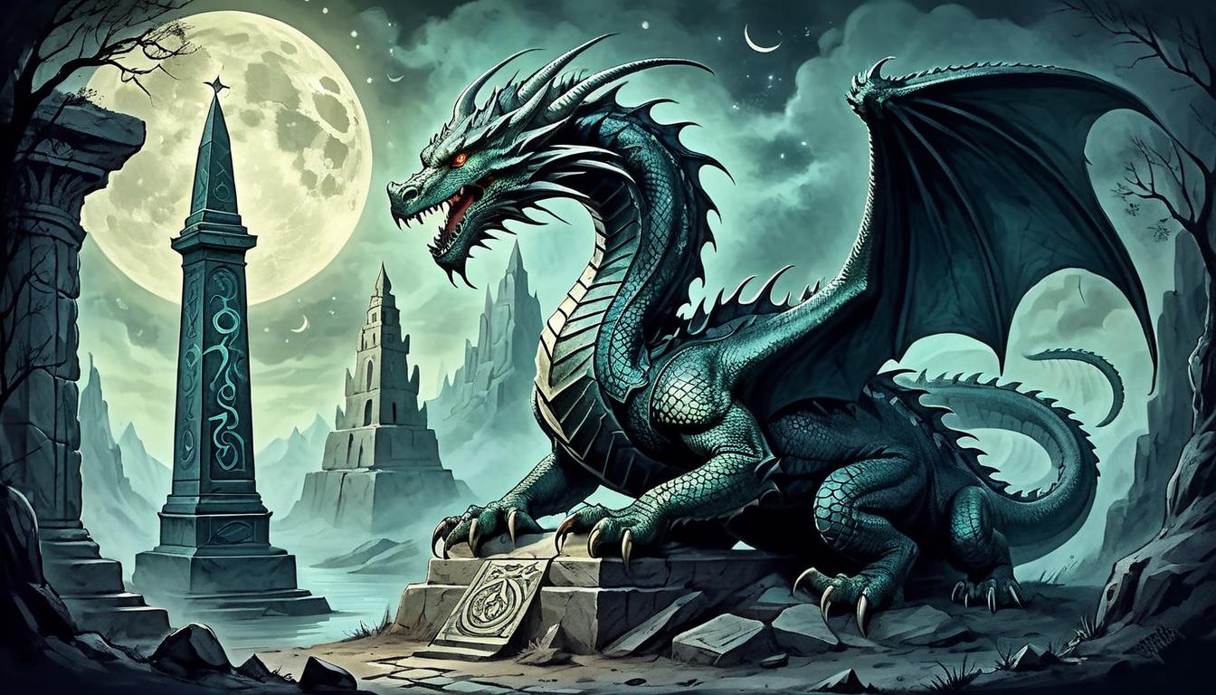  on parchment, surrealism+++, Serpentine dragon coiled around a crumbling ancient obelisk, glowing runes on its scales, moonlit night, majestic, ethereal(mysterious, provocative, symbolic,muted color)+++