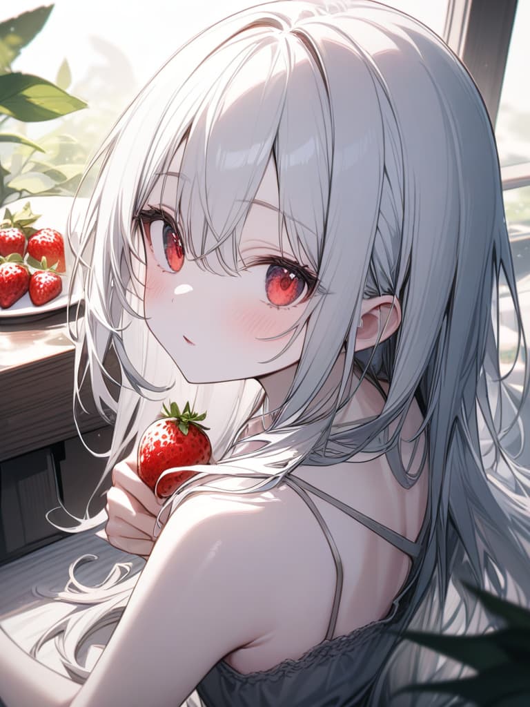  Cute, , white skin, thin body, fluffy hair, , camisole, strawberry, fruit, white hair, red eyes, young face, masterpiece, best quality,8k,ultra detailed,high resolution,an extremely delicate and beautiful,hyper detail