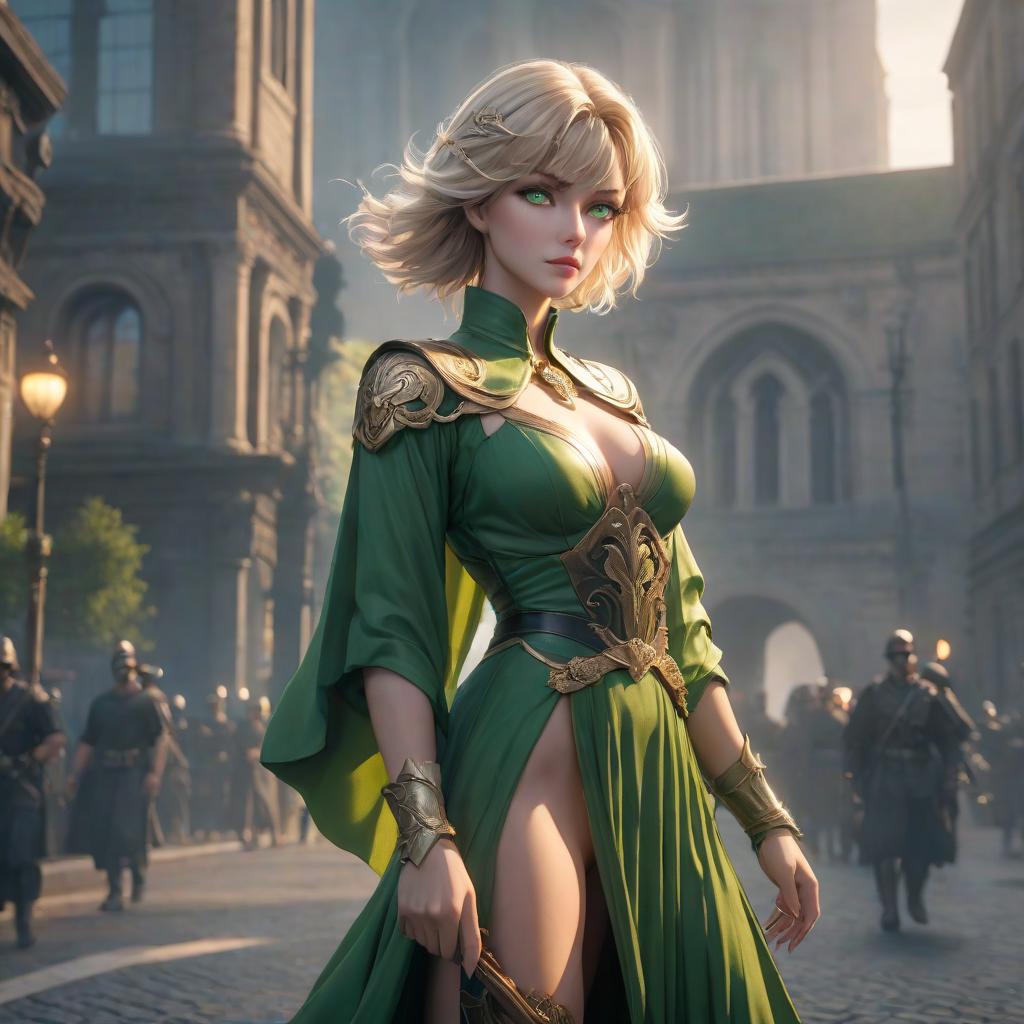  The goddess of justice and order. Short light hair, green eyes hyperrealistic, full body, detailed clothing, highly detailed, cinematic lighting, stunningly beautiful, intricate, sharp focus, f/1. 8, 85mm, (centered image composition), (professionally color graded), ((bright soft diffused light)), volumetric fog, trending on instagram, trending on tumblr, HDR 4K, 8K