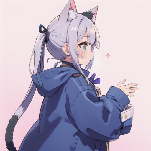  master piece , best quality,Profile Long twin tail hair, knobby hair, blue coat, long ribbon, cat ears