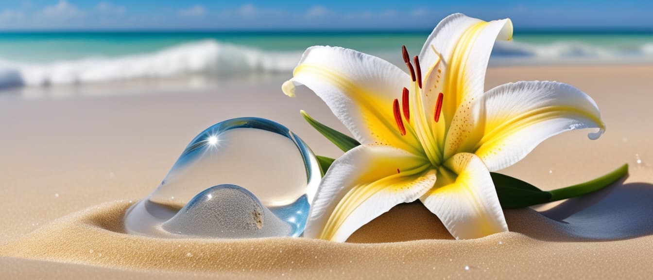  Macro Photography, Beach summer panoramic background with Lily flower on the cristal sand and glory water, close up, macro 100mm, macro photography