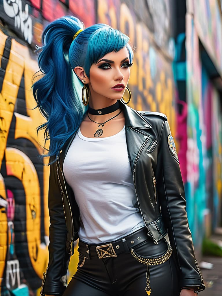  score 9,score 8 up, score 7 up, elf woman with blue hair, upper body, choker, black leather jacket, white t shirt, hoop earrings, lip ring, long hair, yellow eyes, graffiti wall <lora:PsyCartoonPony:1> hyperrealistic, full body, detailed clothing, highly detailed, cinematic lighting, stunningly beautiful, intricate, sharp focus, f/1. 8, 85mm, (centered image composition), (professionally color graded), ((bright soft diffused light)), volumetric fog, trending on instagram, trending on tumblr, HDR 4K, 8K