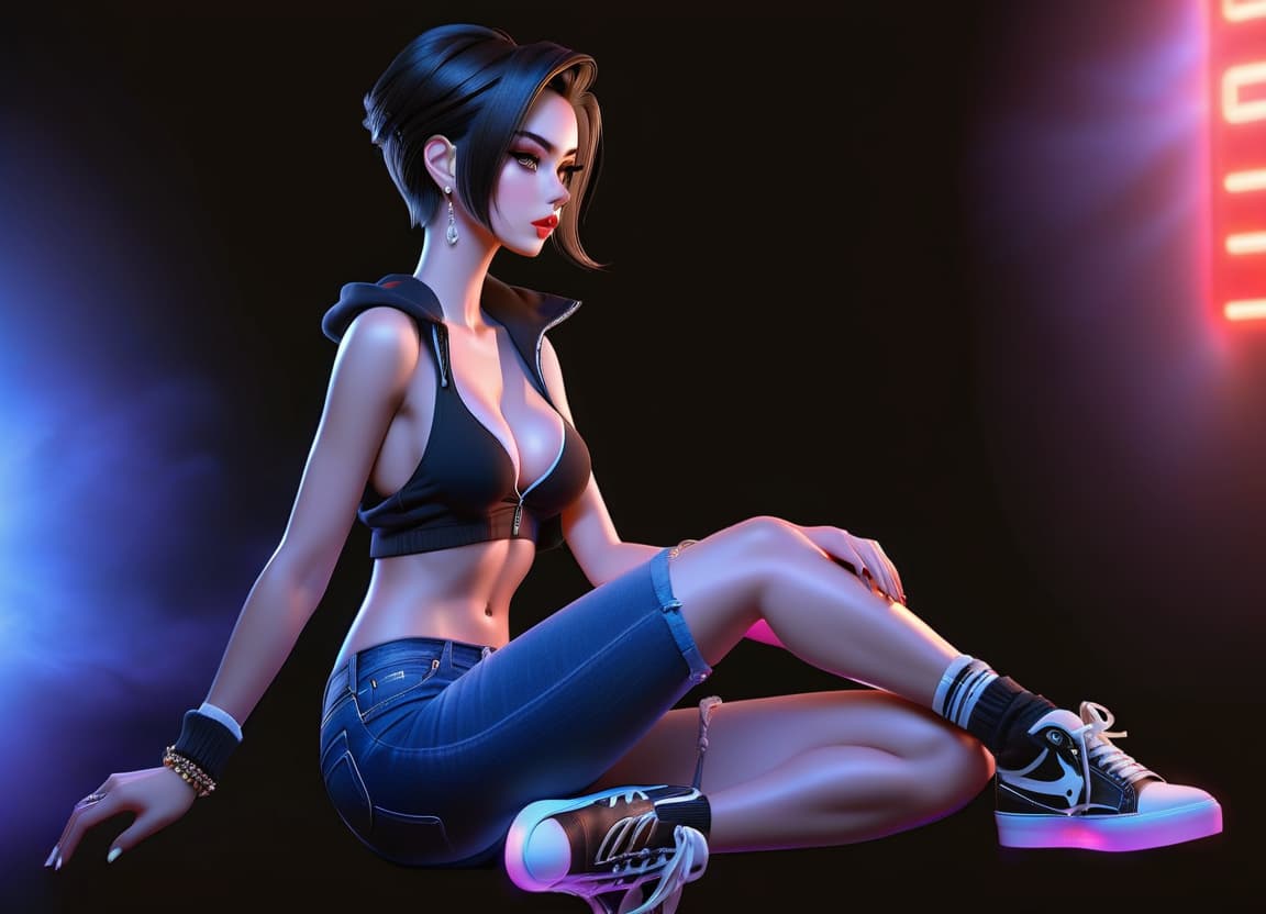  A girl sits, her hair combed back, her dark hair in jeans shorts, wearing white sneakers, profile view. hyperrealistic, full body, detailed clothing, highly detailed, cinematic lighting, stunningly beautiful, intricate, sharp focus, f/1. 8, 85mm, (centered image composition), (professionally color graded), ((bright soft diffused light)), volumetric fog, trending on instagram, trending on tumblr, HDR 4K, 8K