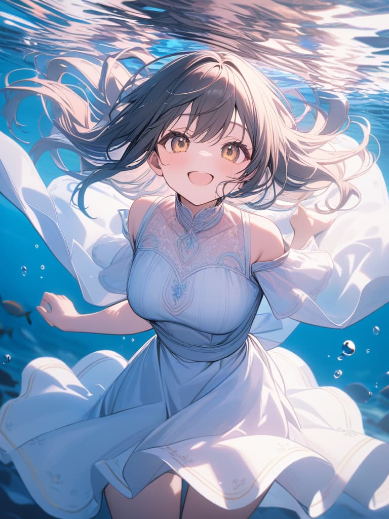  Cute, , big eyes, big s, , underwater, water, sea, beautiful, smiling, dress, masterpiece, best quality,8k,ultra detailed,high resolution,an extremely delicate and beautiful,hyper detail