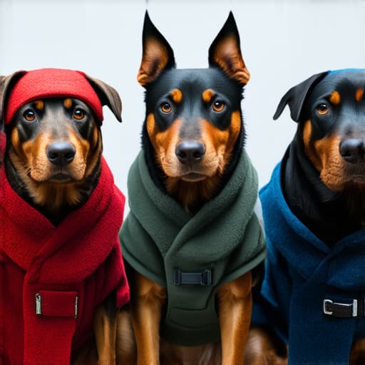  Prompt:3 dogs wearing coats hyperrealistic, full body, detailed clothing, highly detailed, cinematic lighting, stunningly beautiful, intricate, sharp focus, f/1. 8, 85mm, (centered image composition), (professionally color graded), ((bright soft diffused light)), volumetric fog, trending on instagram, trending on tumblr, HDR 4K, 8K