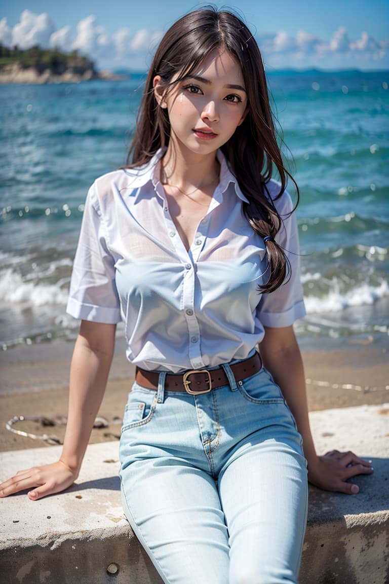  ultra high res, (photorealistic:1.4), raw photo, (realistic face), realistic eyes, (realistic skin), <lora:XXMix9 v20LoRa:0.8>, , female, high student's uniform, white shirt, sky blue pants, pretty, beautiful legs, bountiful , beautiful eyes, semi long hair, white sneaker, beach side, summer, sitting on sand