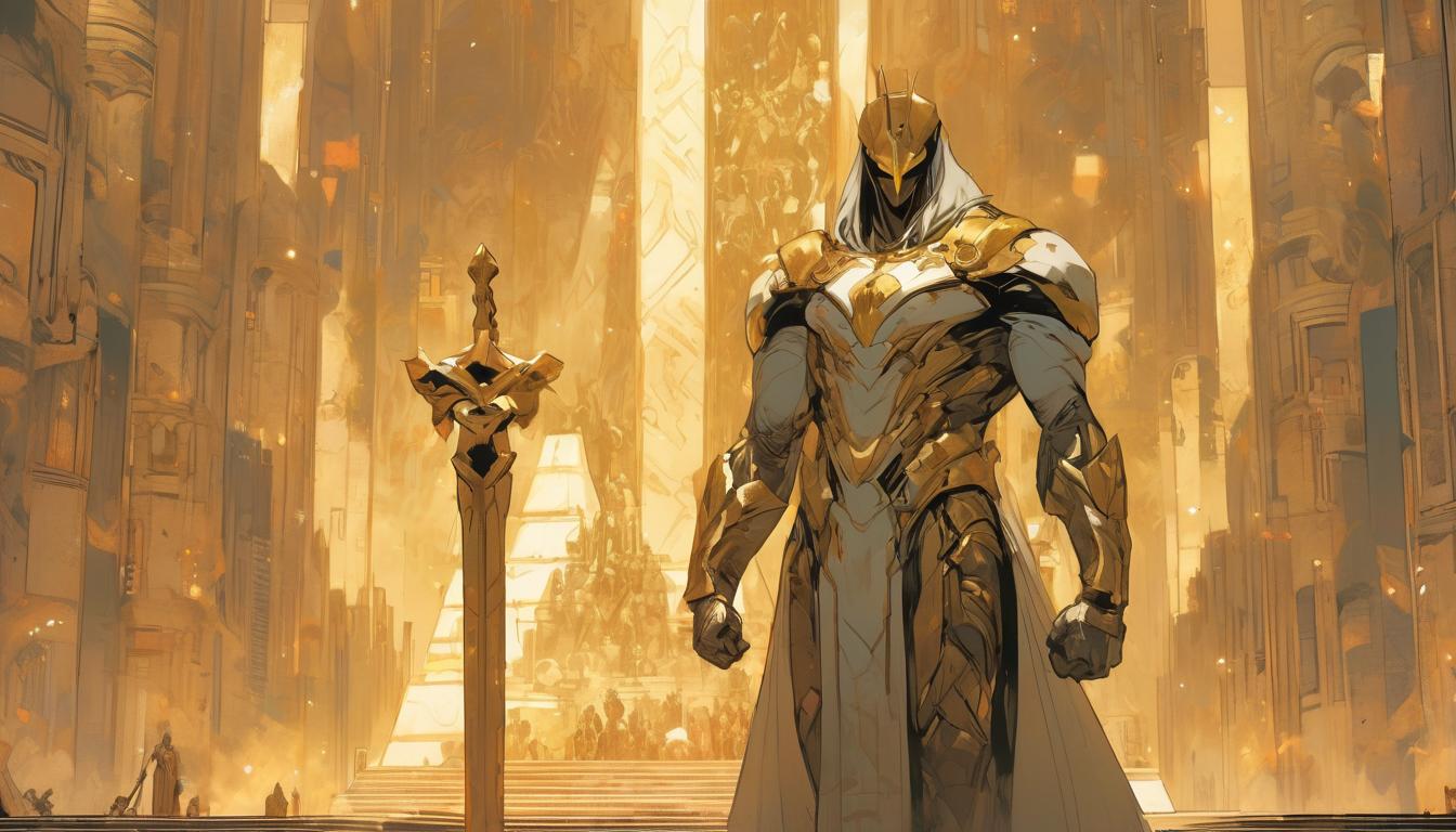  hyperrealism,fantasy aestheticA figure holding a scroll and a golden scepter, standing before a grand, partially built structure resembling a pyramid, symbols of architecture and prophecy, innovative brilliance, ancient ambiance, powerful presence, high tech clothing clad in sleek, futuristic costume with metallic accents and form fitting designs, marvel superhero comics style, unreal engine rendering