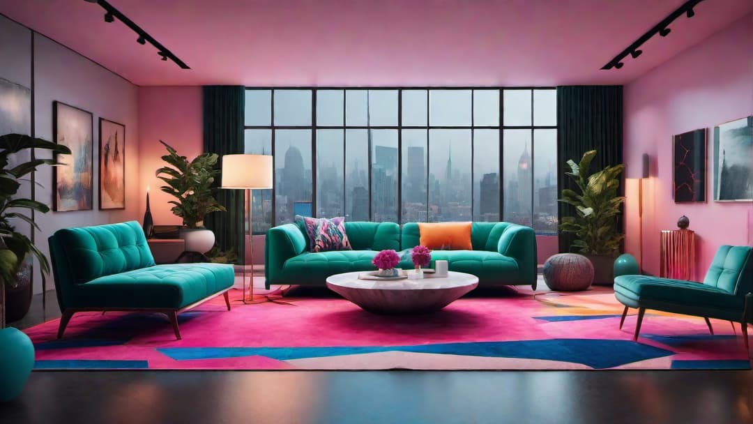  Create an image of a vibrant living room inspired by 80s retro home interior design. Incorporate bold colors such as neon pink and electric blue. Include a geometric patterned rug, a velvety green sofa, neon signs, geometric art pieces, and a transparent acrylic coffee table with neon accents. The overall atmosphere should exude a fun and funky retro vibe. hyperrealistic, full body, detailed clothing, highly detailed, cinematic lighting, stunningly beautiful, intricate, sharp focus, f/1. 8, 85mm, (centered image composition), (professionally color graded), ((bright soft diffused light)), volumetric fog, trending on instagram, trending on tumblr, HDR 4K, 8K