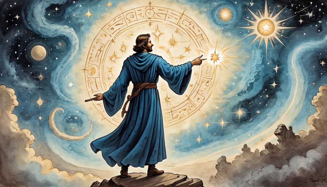  on parchment, surrealism+++, A celestial figure pointing towards a distant, radiant star, surrounded by swirling galaxies, figure wearing flowing robes, sense of destiny and cosmic purpose(mysterious, provocative, symbolic,muted color)+++