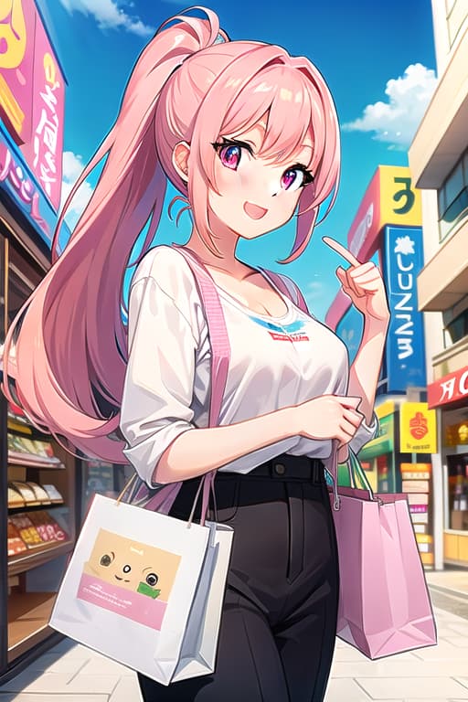  Anime style,pink haired girl,ponytail,large eyes,shopping,