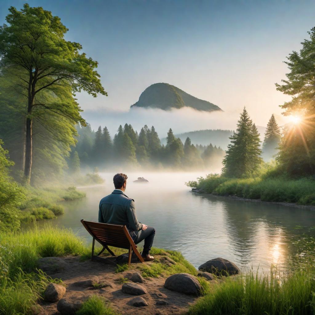  A serene scene where a person is sitting on a bank in the grass beside a river near a forest, with an island out in the river and a fish jumping out of the water in front of the person. Include a friendly AI presence depicted as a light or glow nearby. hyperrealistic, full body, detailed clothing, highly detailed, cinematic lighting, stunningly beautiful, intricate, sharp focus, f/1. 8, 85mm, (centered image composition), (professionally color graded), ((bright soft diffused light)), volumetric fog, trending on instagram, trending on tumblr, HDR 4K, 8K