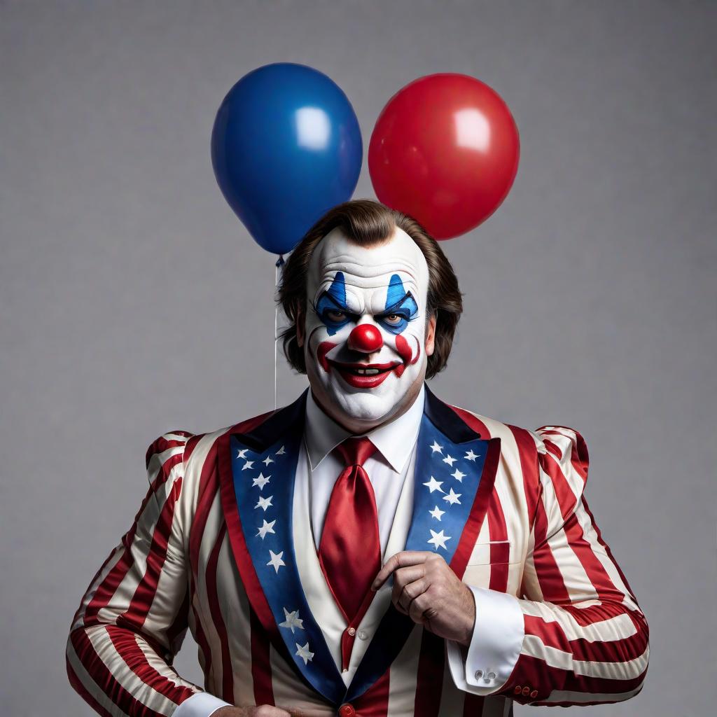  Create an image of a clown puppet resembling actor and musician Jack Black, with a background that includes a bumbling President Biden and the devil. The image should visually convey the theme of 'patriotism for sale' at the Avocado Festival, with a sense of irony and humor. hyperrealistic, full body, detailed clothing, highly detailed, cinematic lighting, stunningly beautiful, intricate, sharp focus, f/1. 8, 85mm, (centered image composition), (professionally color graded), ((bright soft diffused light)), volumetric fog, trending on instagram, trending on tumblr, HDR 4K, 8K