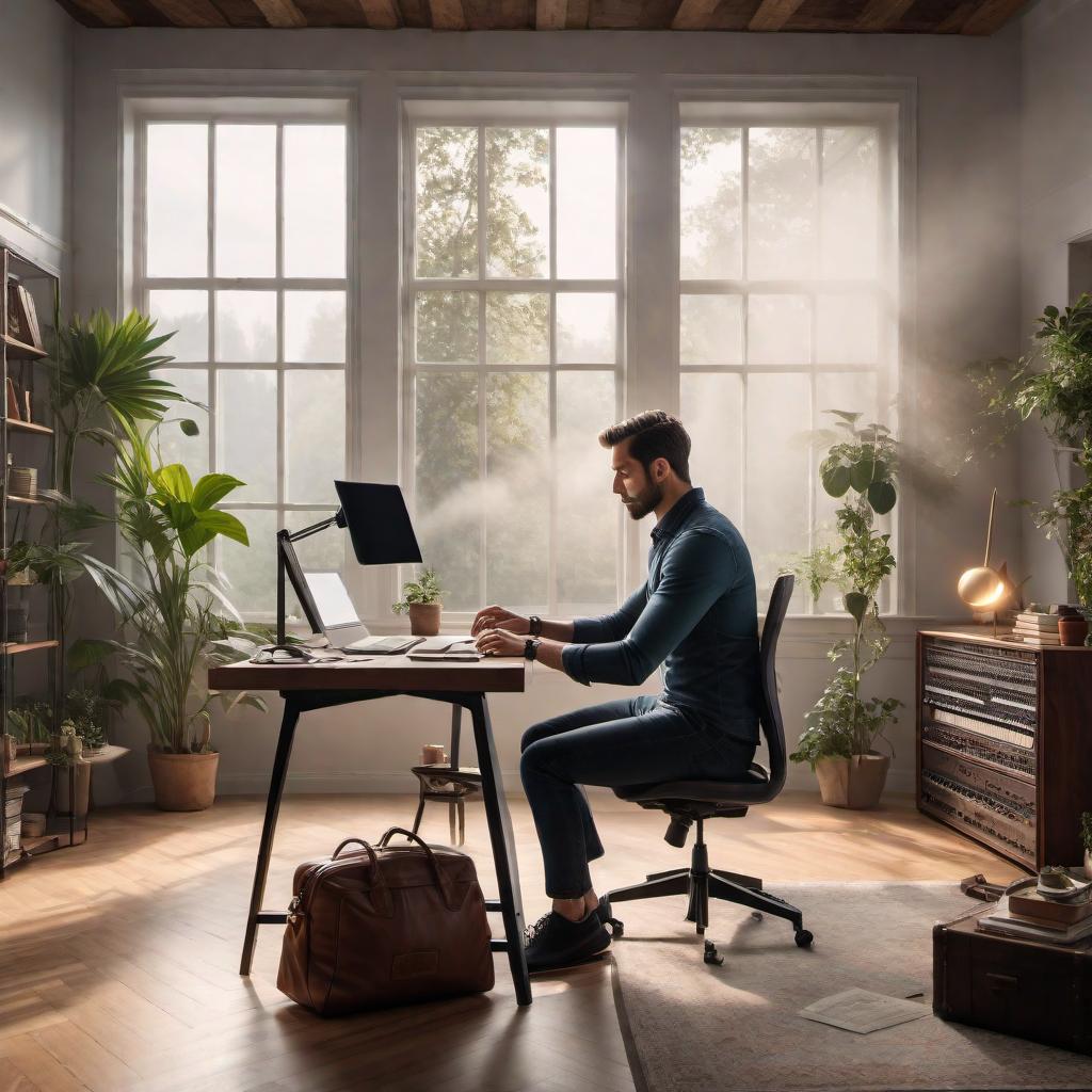  A calm and creative workspace with an AI assistant engaging with a user. The setting should include a cozy room with warm lighting, a computer screen showing questions to help create song lyrics, and a note pad with scattered ideas. The room should have musical instruments like a guitar and piano in the background. The scene should feel inviting and inspiring, with a hint of creativity and collaboration in the air. hyperrealistic, full body, detailed clothing, highly detailed, cinematic lighting, stunningly beautiful, intricate, sharp focus, f/1. 8, 85mm, (centered image composition), (professionally color graded), ((bright soft diffused light)), volumetric fog, trending on instagram, trending on tumblr, HDR 4K, 8K