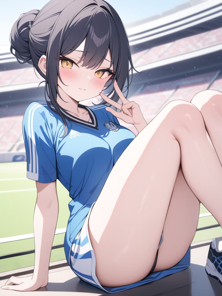  Navy Blue Avispa Fukuoka Soccer Uniform Black Hair Beautiful Girl, A Woman Sitting in A Stadium Holding Up, Peace Sign, masterpiece, best quality,8k,ultra detailed,high resolution,an extremely delicate and beautiful,hyper detail